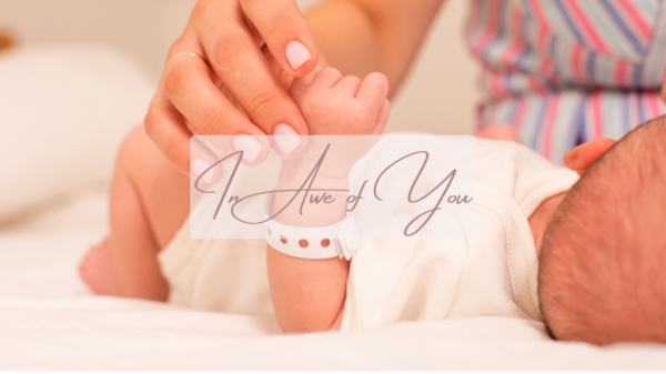 A close-up image of a mother gently holding her newborn baby's hand. The baby, lying on a soft surface, wears a hospital wristband, signifying their recent birth. The mother's fingers delicately cradle the tiny hand, symbolizing love and care. The words 'In Awe of You' are overlaid in elegant script, adding a poetic touch to the intimate moment.